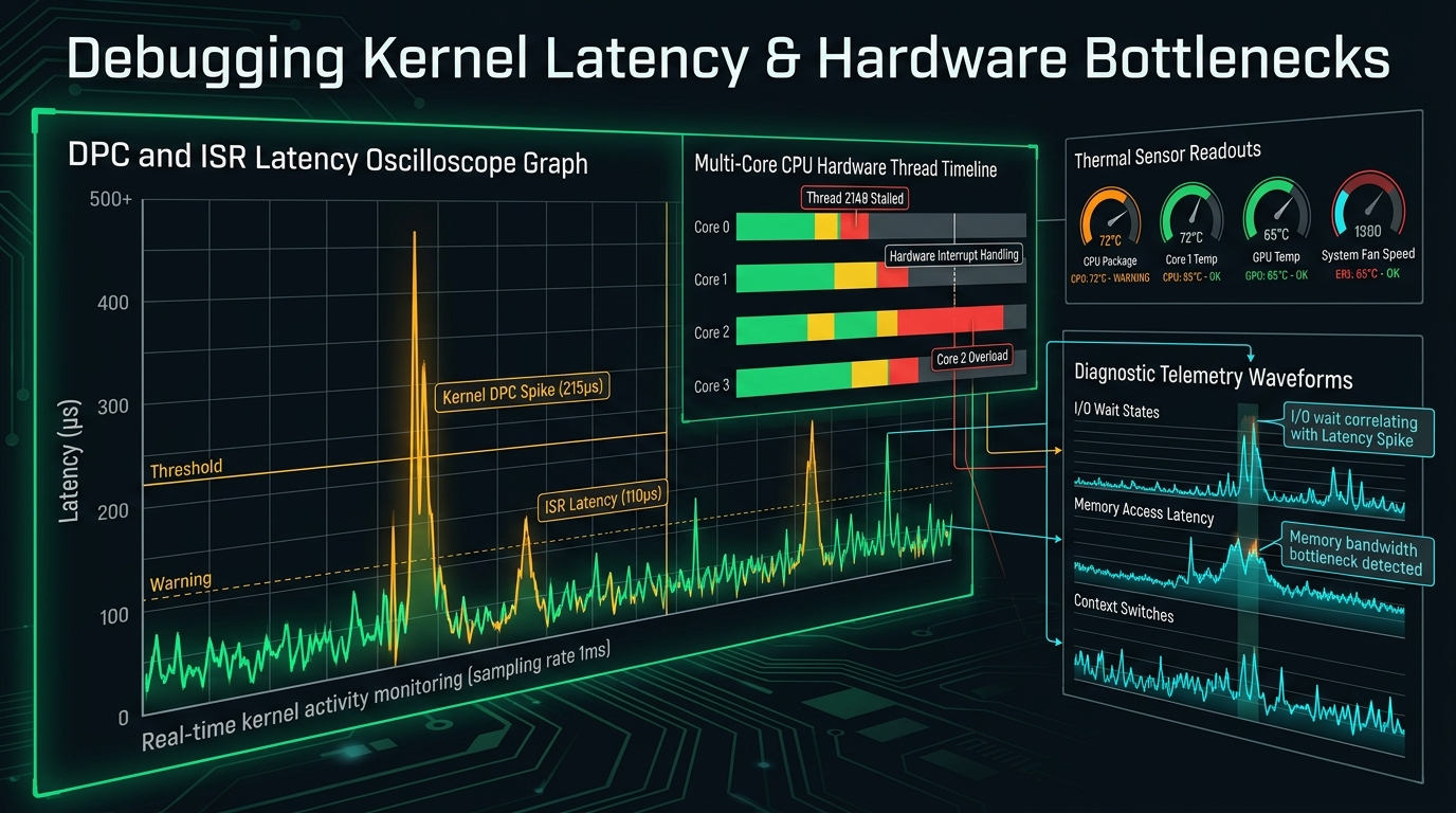 Oscilloscope graph and telemetry timeline for kernel DPC and ISR latency debugging